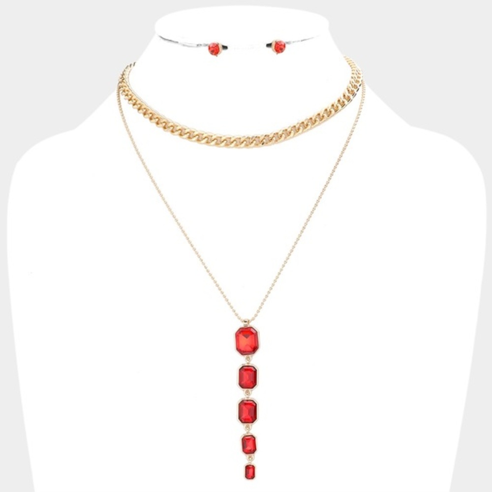 Red emerald cut stone link layered necklace